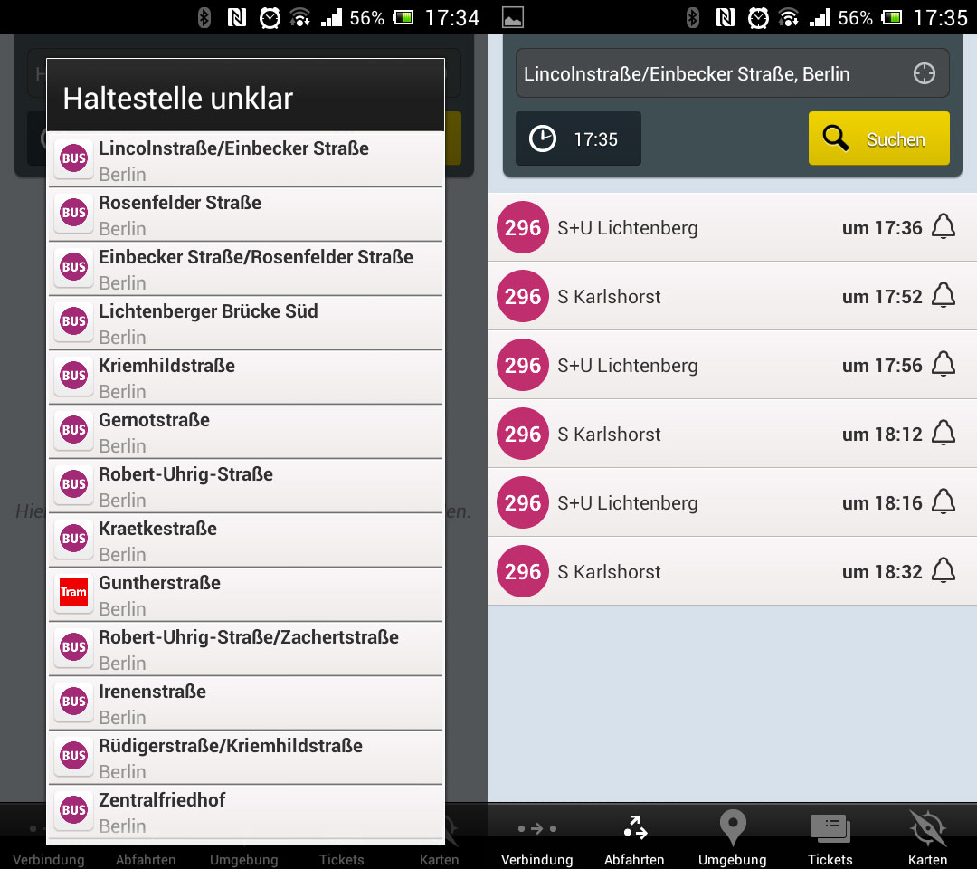 Haltestelle auswählen bei Fahrinfo
