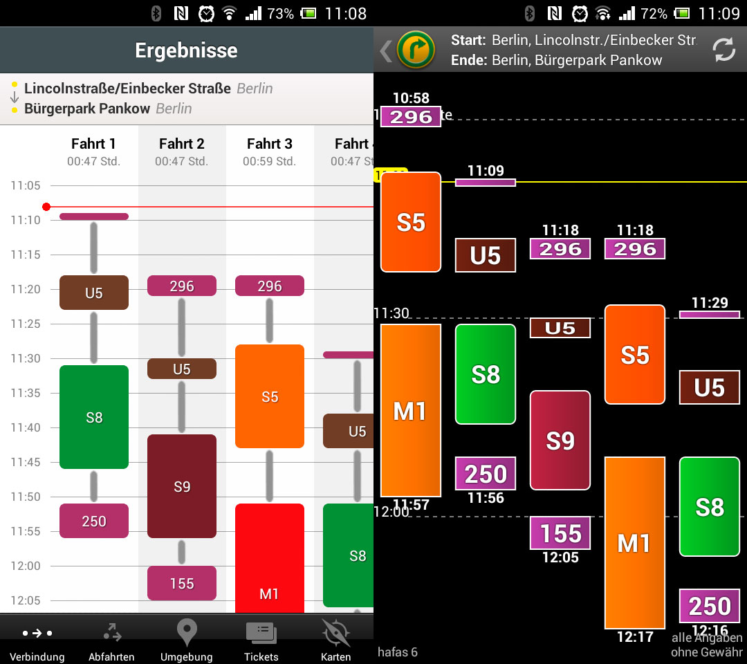 Routenplanung: links FahrInfo, rechts Öffi