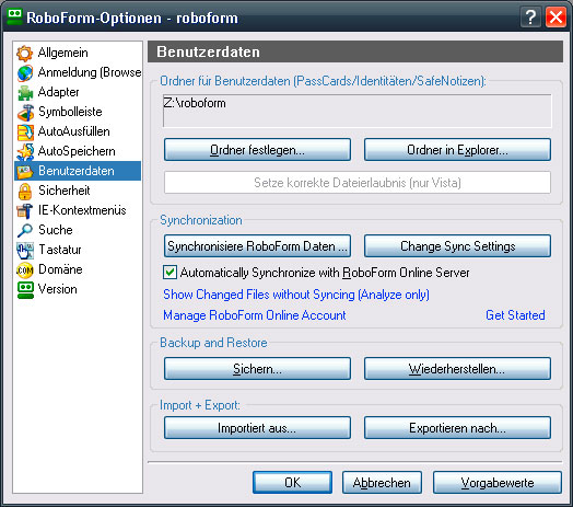 {rfgs} Roboform Synchronisierungseinstellungen