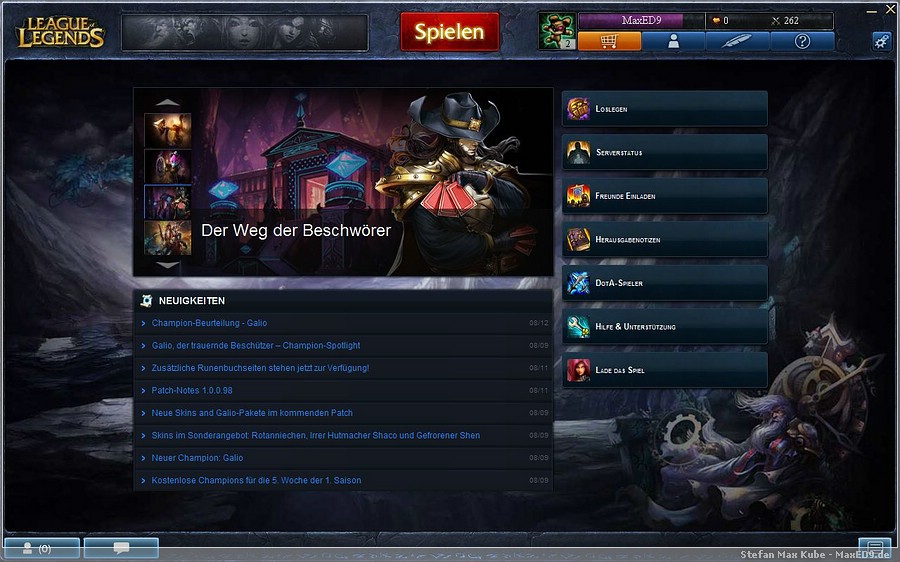 {lol} Neuigkeiten Bildschirm, Links zu Hilfen und Shop