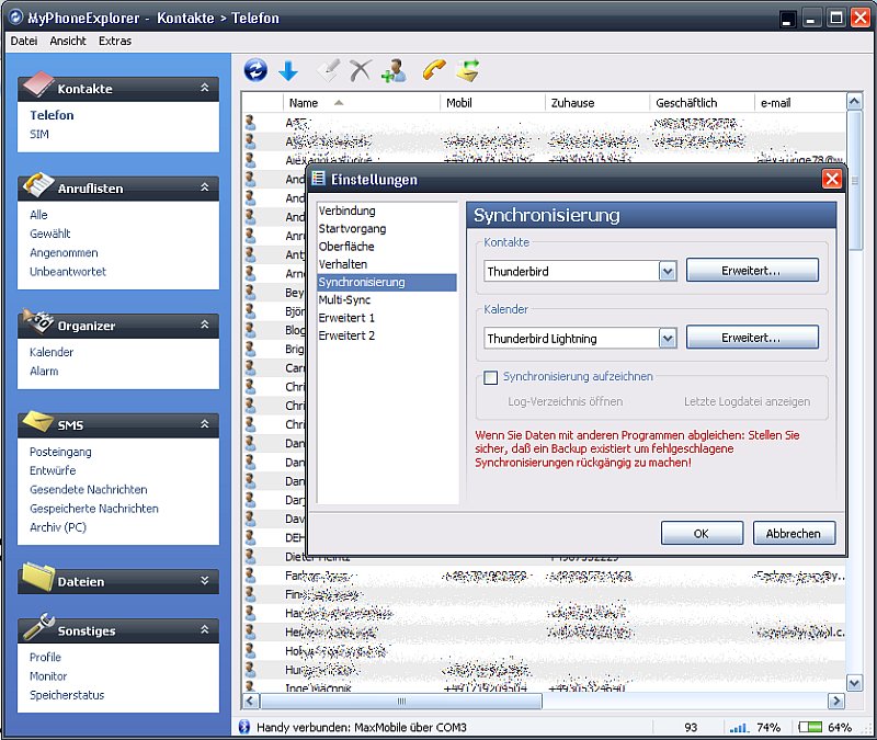 MyPhoneExplorer - Einstellungen - Synchronisieren