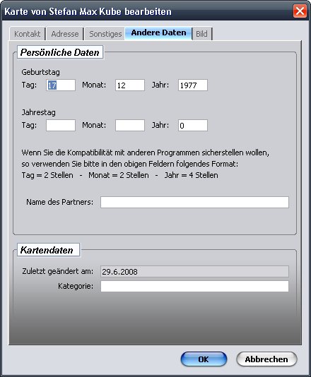 {sync} Adressbuch mit Geburtstag, Jahrestag und sontigen Feldern