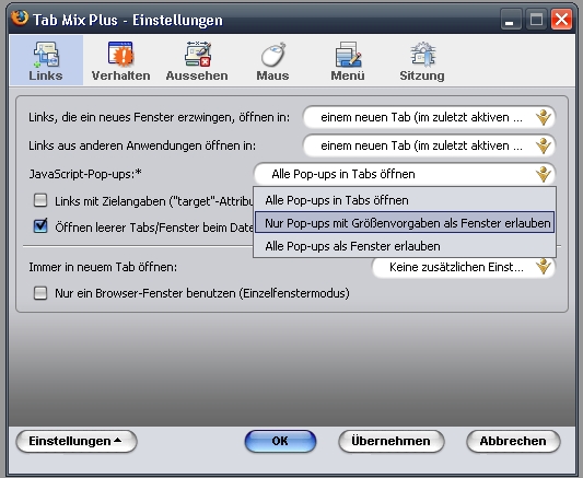 Tab Mix Plus Einstellungen